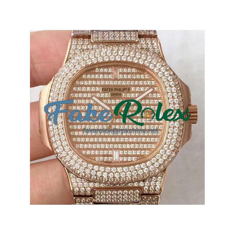 Replica Patek Philippe Nautilus Jumbo 5719/1G-001 DM Rose Gold & Diamonds Diamonds Dial Swiss 324SC