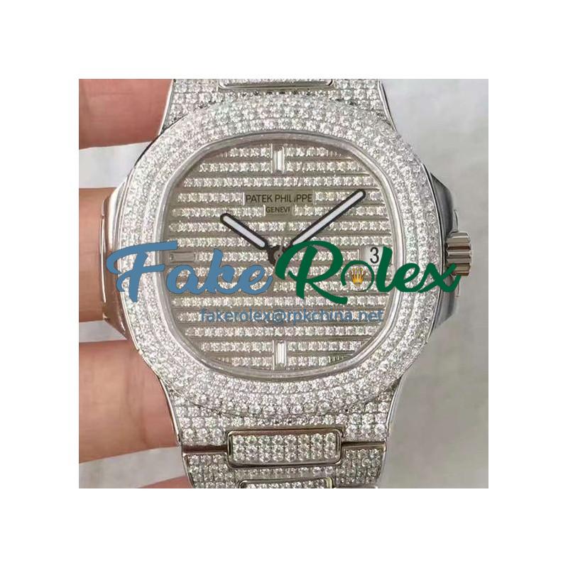 Replica Patek Philippe Nautilus Jumbo 5719/1G-001 DM Stainless Steel & Diamonds Diamonds Dial Swiss 324SC