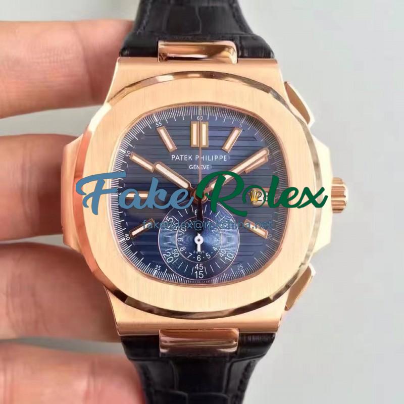 Replica Patek Philippe Nautilus Chronograph 5980R JF Rose Gold Blue Dial Swiss CH28-520C