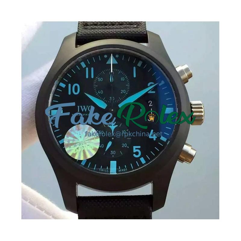 Replica IWC Pilot Chronograph Top Gun IW388003 Ceramic Black Dial Blue Markers Swiss 7750