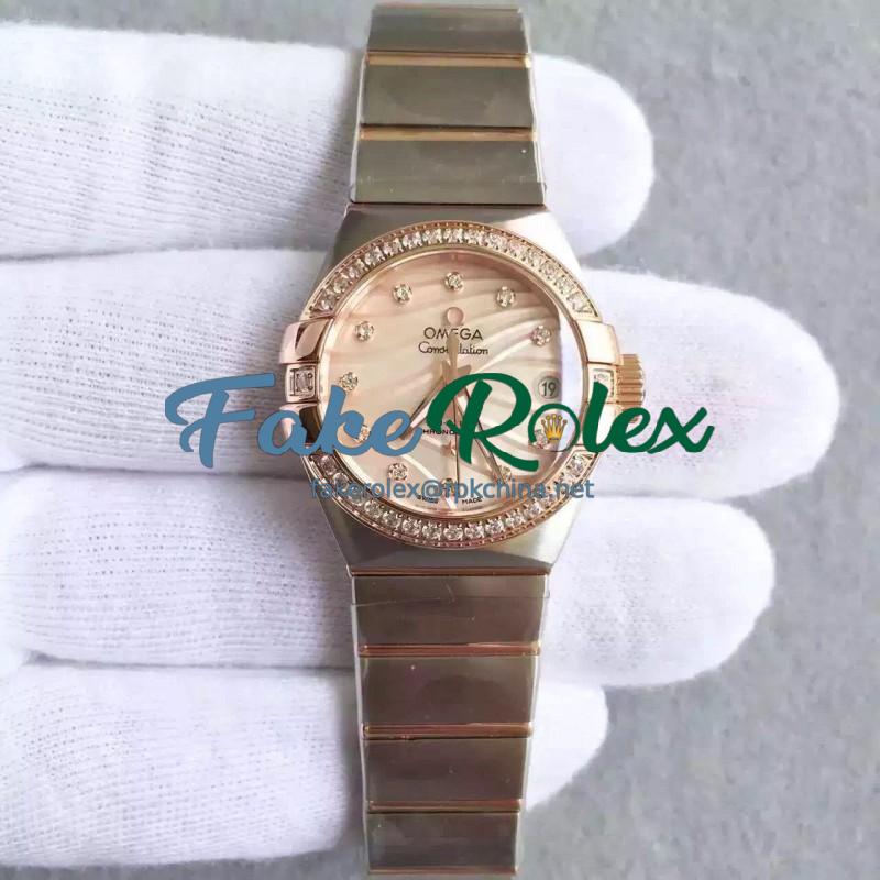 Replica Omega Constellation Ladies 123.25.27.20.57.003 27MM EF Stainless Steel & Rose Gold Red & Diamonds Dial Swiss 8520