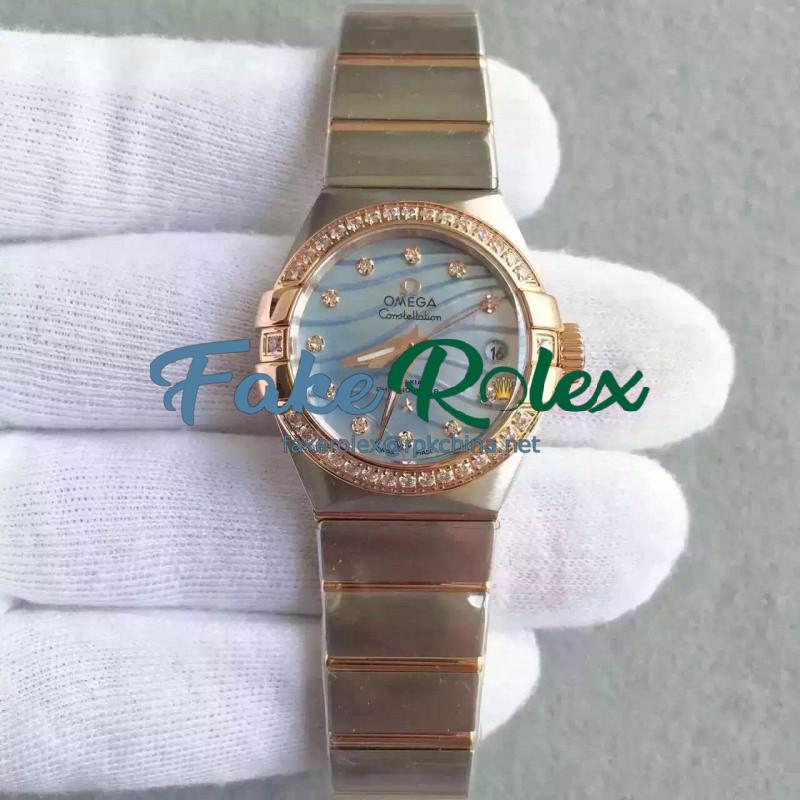 Replica Omega Constellation Ladies 123.25.27.20.57.003 27MM EF Stainless Steel & Rose Gold Blue & Diamonds Dial Swiss 8520