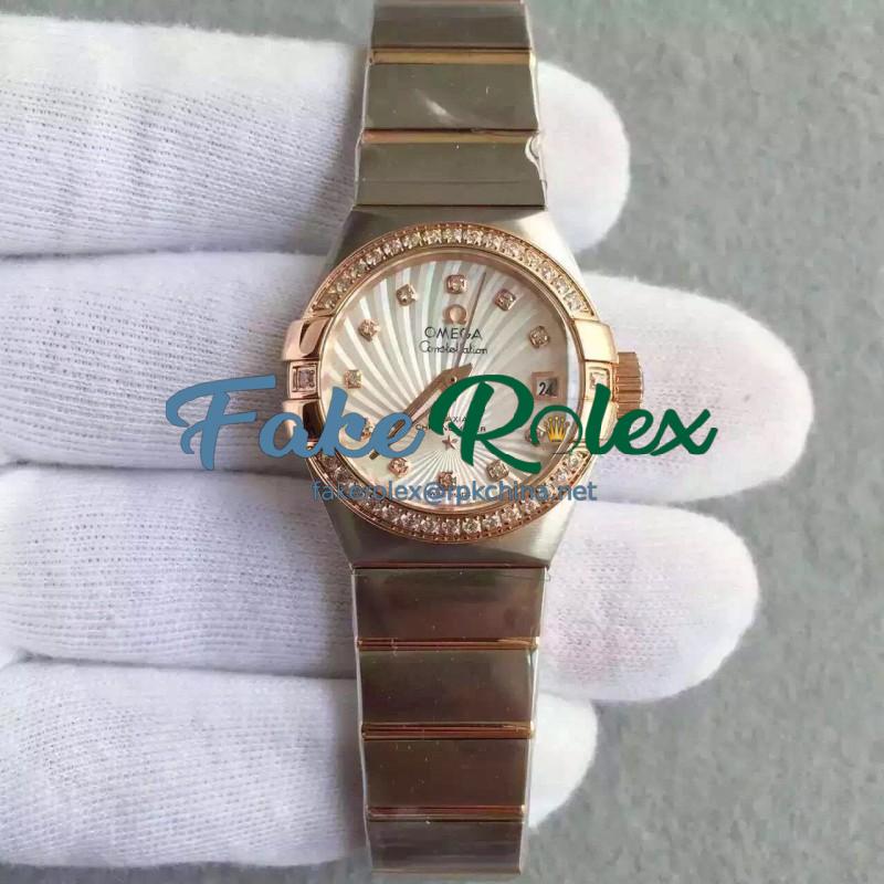 Replica Omega Constellation Ladies 123.25.27.20.58.001 27MM EF Stainless Steel & Rose Gold White & Diamonds Dial Swiss 8520