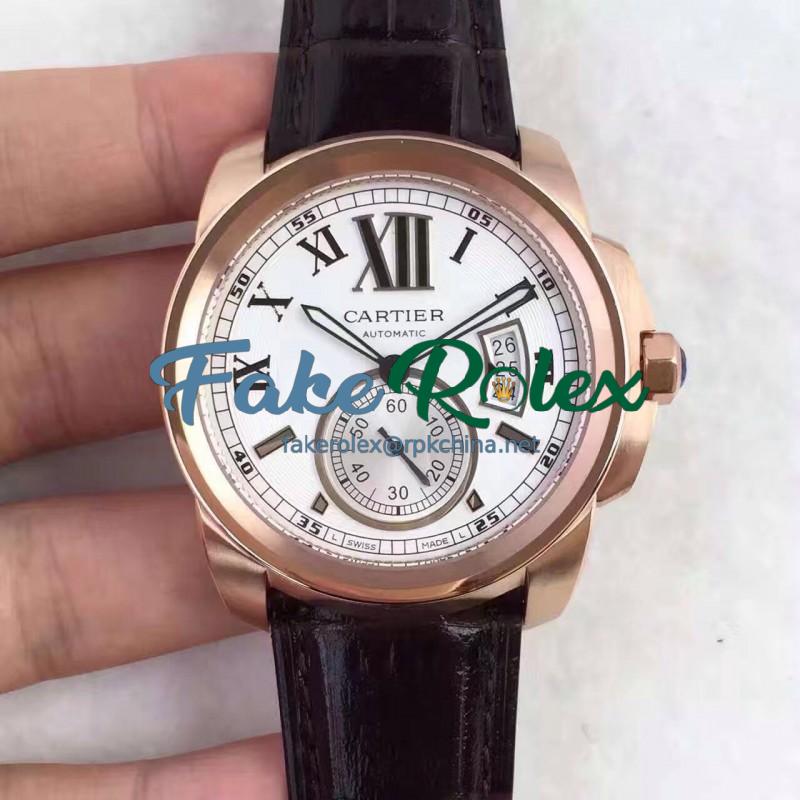 Replica Calibre De Cartier W7100009 42MM TF Rose Gold White Dial Swiss 1904MC