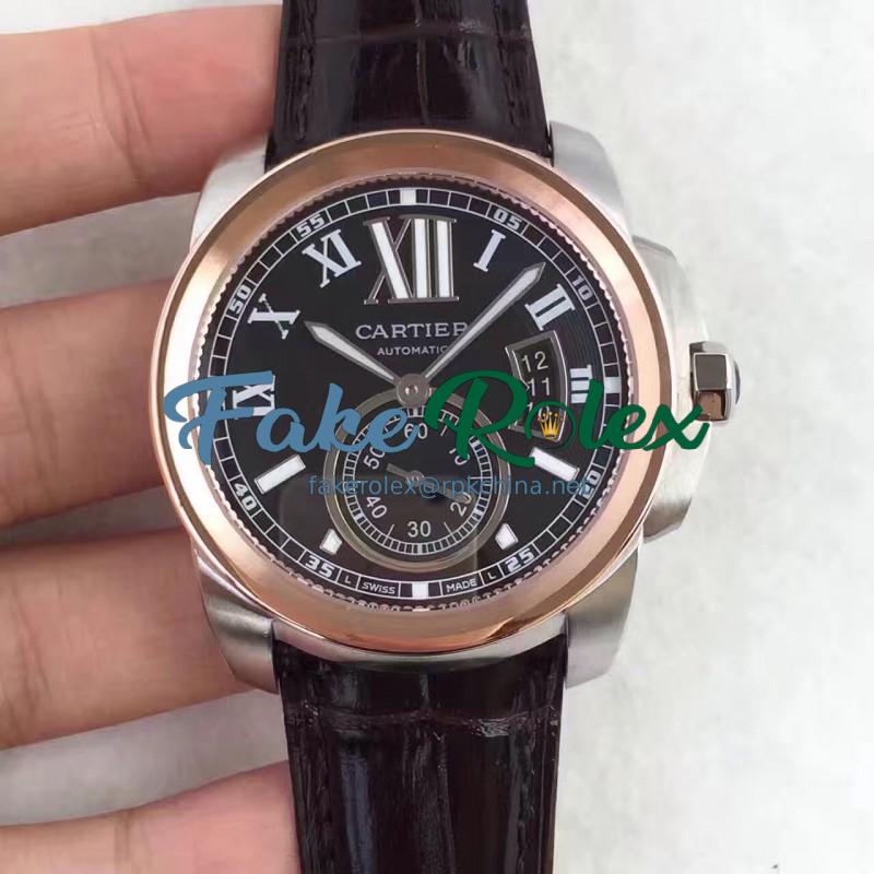 Replica Calibre De Cartier W7100039 42MM TF Stainless Steel & Rose Gold Black Dial Swiss 1904MC