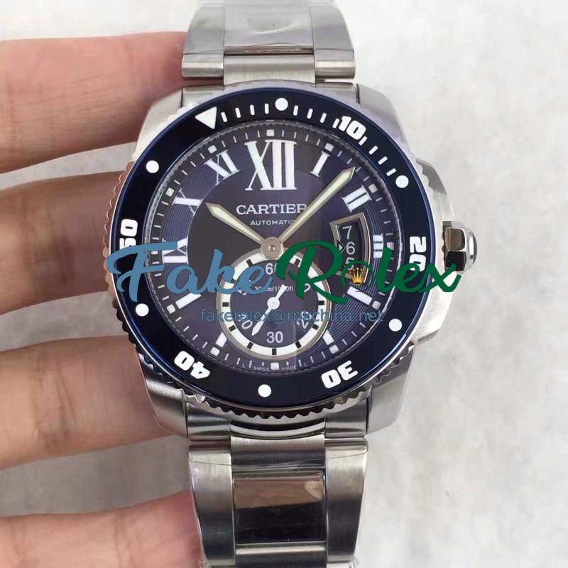 Replica Calibre De Cartier Diver W7100057 42MM TF Stainless Steel Blue Dial M9015