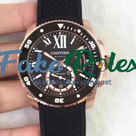 Replica Calibre De Cartier Diver W7100052 42MM TF Rose Gold Black Dial M9015