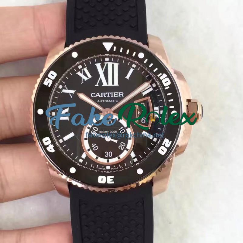 Replica Calibre De Cartier Diver W7100052 42MM TF Rose Gold Black Dial M9015