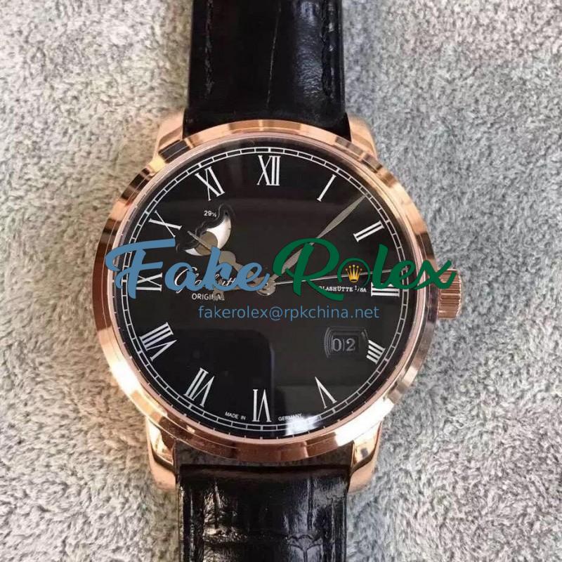 Replica Glashutte Senator Panorama Date Moon Phase 100-04-32-15-04 GF Rose Gold Black Dial Swiss 100-04