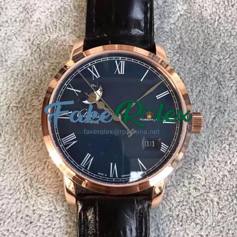 Replica Glashutte Senator Panorama Date Moon Phase 100-04-32-15-04 GF Rose Gold Blue Dial Swiss 100-04