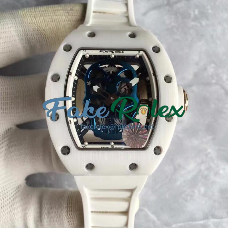 Replica Richard Mille RM052 KV White Ceramic & Rose Gold Blue Skull Dial M6T51