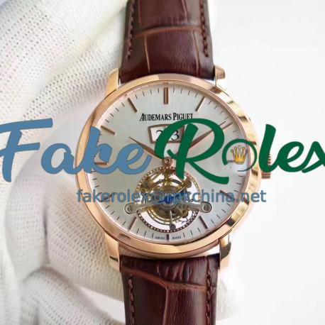 Replica Audemars Piguet Jules Audemars Tourbillon Grande Date 26559 TF Rose Gold Silver Dial Swiss AP Caliber 2909