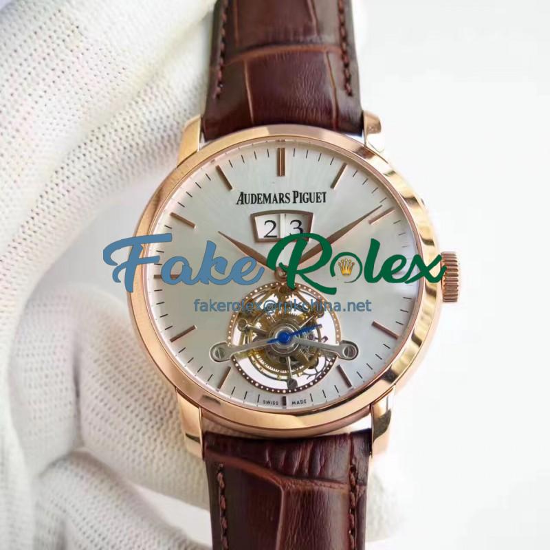 Replica Audemars Piguet Jules Audemars Tourbillon Grande Date 26559 TF Rose Gold Silver Dial Swiss AP Caliber 2909