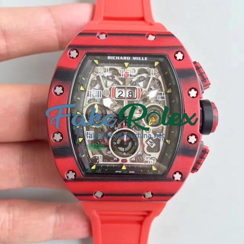 Replica Richard Mille RM011-03 Flyback Chronograph KV Red Forged Carbon Black Skeleton Dial Swiss 7750