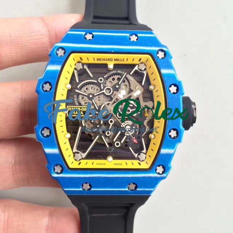 Replica Richard Mille RM35-01 Rafael Nadal KV Blue Forged Carbon Yellow & Skeleton Dial M6T51