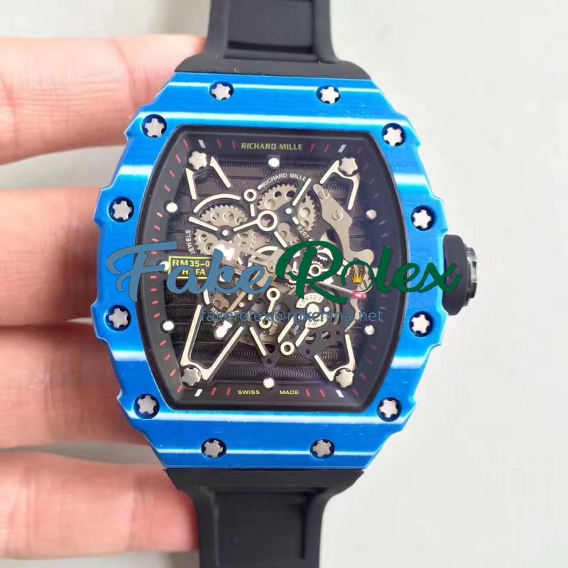 Replica Richard Mille RM35-01 Rafael Nadal KV Blue Forged Carbon Black & Skeleton Dial M6T51