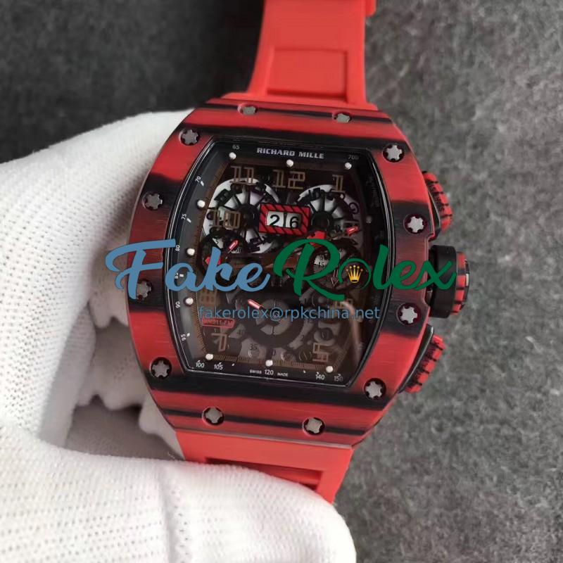 Replica Richard Mille RM011 Red QTPT Flyback Chronograph KV Red Forged Carbon Black Skeleton Dial Swiss 7750