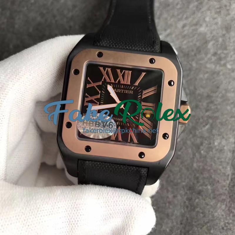 Replica Cartier Santos 100 XL WSSA0006 V6 PVD & Rose Gold Black Dial Swiss 2824-2