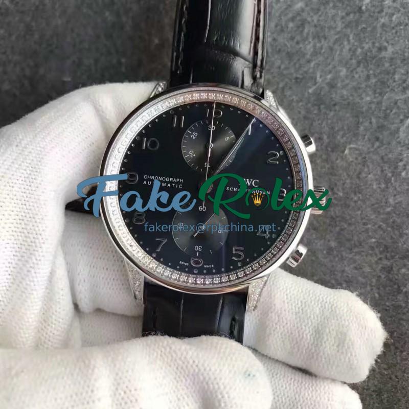 Replica IWC Portugieser Chronograph IW371447 ZF Stainless Steel & Diamonds Black Dial Swiss 7750