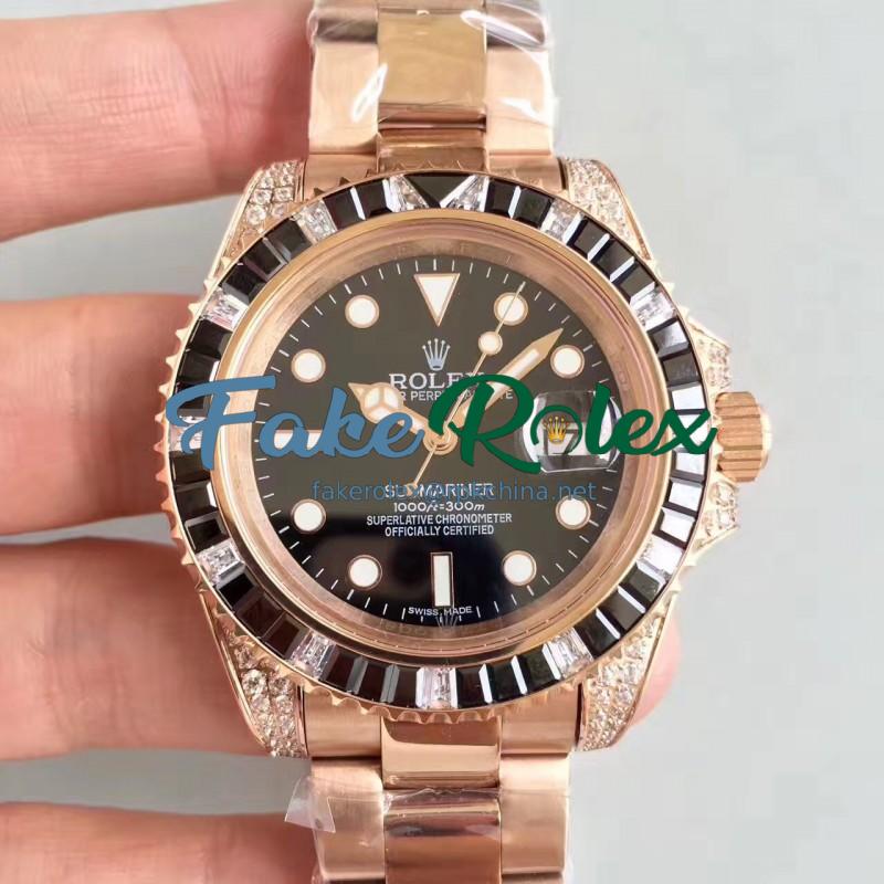 Replica Rolex Submariner Date 116618LN BP Rose Gold & Diamonds Black Dial Swiss 2836-2