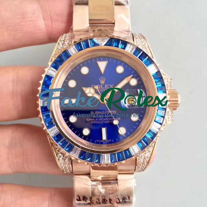 Replica Rolex Submariner Date 116618LB BP Rose Gold & Diamonds Blue Dial Swiss 2836-2